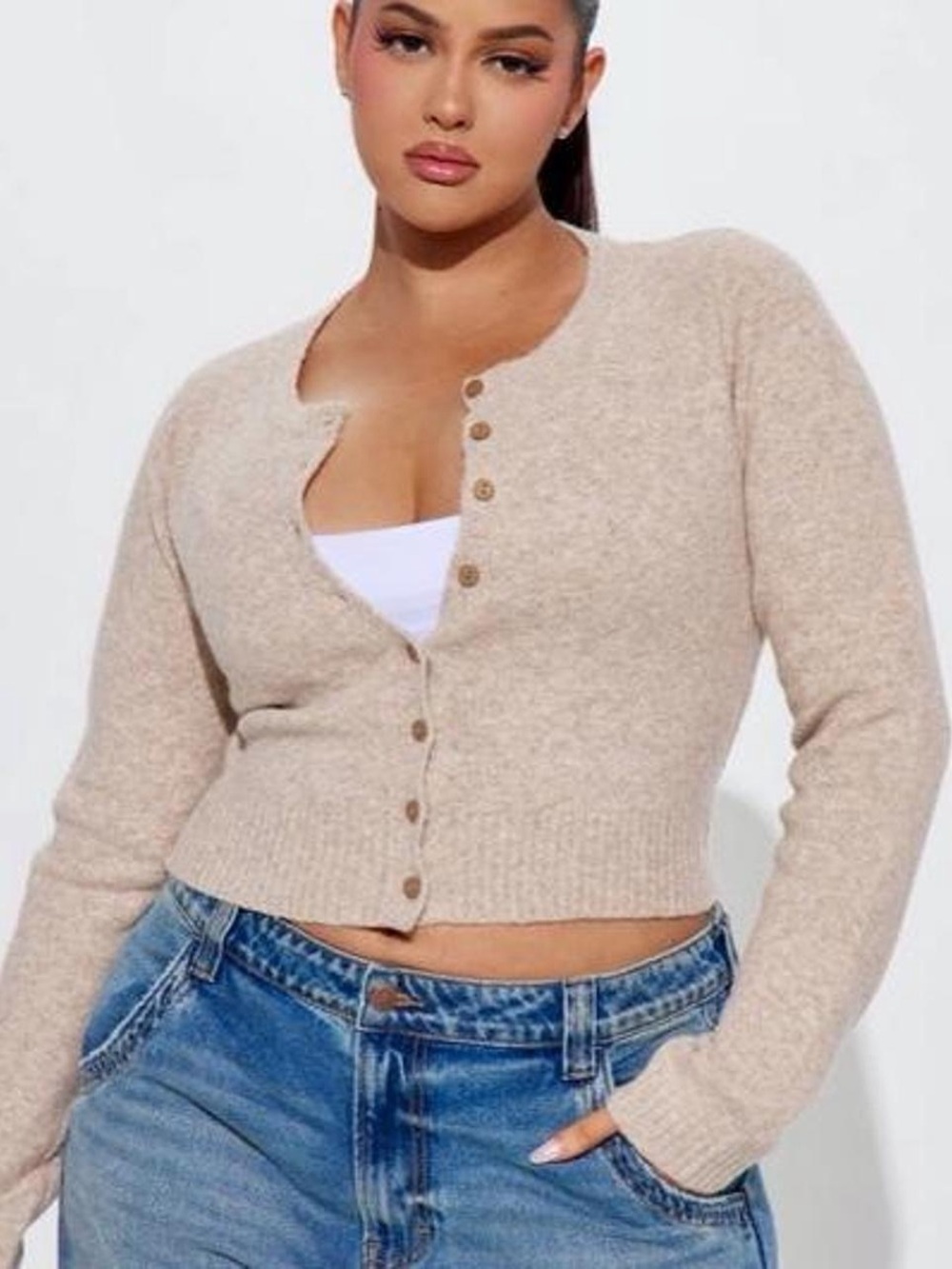 Fashion Nova 3X Beige Heather Wool Blend Stretch Cropped Button Cardigan Preppy